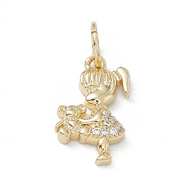 Rack Plating Brass Micro Pave Cubic Zirconia Pendants, Cadmium Free & Lead Free, Long-Lasting Plated, with Jump Ring, Girl with Bear Charm
