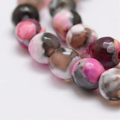 Faceted Natural Fire Crackle Agate Beads Strands, Round, Dyed & Heated