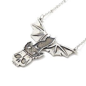 Alloy Skull with Bat Pendant Necklace, Halloween Theme Jewelry for Men Women