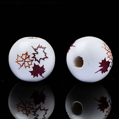 Autumn Theme Printed Natural Wood Beads, Round with Maple leaf