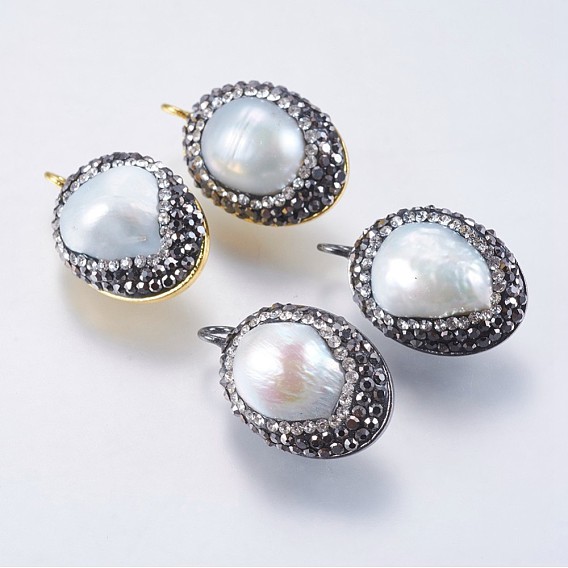 Natural Cultured Freshwater Pearl Pendants, with Polymer Clay Rhinestone and Brass Findings, Oval