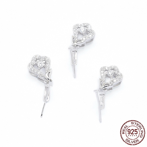 925 Sterling Silver Pendant Ice Pick Pinch Bails, with Clear Cubic Zirconia, Flower
