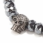 2Pcs 2 Style Synthetic Hematite & Black Stone & Natural Obsidian Stretch Bracelets Set with Cubic Zirconia Skull, Gemstone Jewelry for Women
