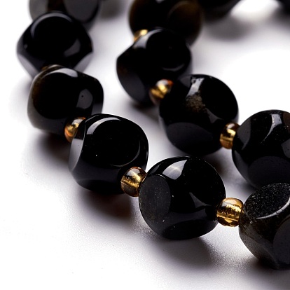 Brillance dorée naturelle perles obsidienne brins, avec des perles de rocaille, dés célestes à six faces