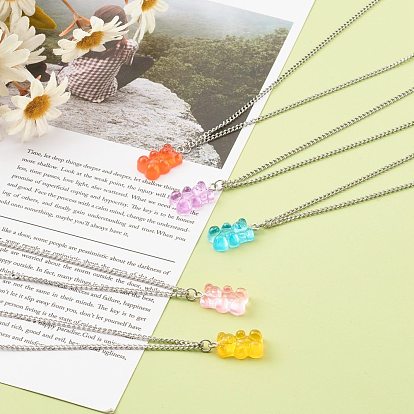 Transparent Resin Bear Pendant Necklaces, with 304 Stainless Steel Lobster Claw Clasps, Stainless Steel Color