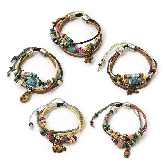 Cadeaux pour hommes bracelets de perles de pierre de lave de la saint valentin, cordon en coton ciré et cordon en cuir avec alliage et perles en bois, couleur mixte, 46~48mm