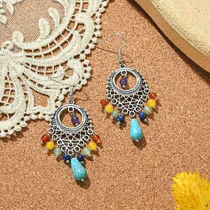 Boucles d'oreilles longues en perles de pierres mélangées naturelles, Boucles d'oreilles lustre en alliage de style tibétain avec épingles en laiton