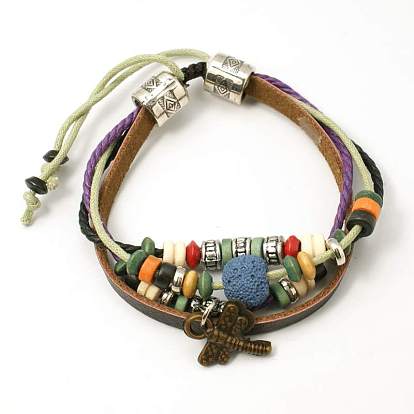 Cadeaux pour hommes bracelets de perles de pierre de lave de la saint valentin, cordon en coton ciré et cordon en cuir avec alliage et perles en bois, couleur mixte, 46~48mm