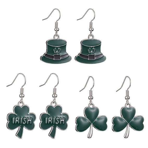 3 Pair 3 Style Saint Patrick's Day Alloy Enamel Dangle Earrings with Brass Pins for Women, Hat & Clover Earrings