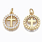 Brass Micro Pave Clear Cubic Zirconia Pendants, with Jump Rings, Nickel Free, Ring with Cross