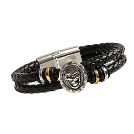 Bracelet multibrins double couche en cuir rétro, bracelet tête de mort style hip-hop avec boucle magnétique en alliage