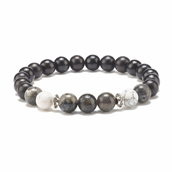 Bracelet extensible en perles rondes en larvikite naturelle et en bois, bijoux en pierres précieuses pour hommes femmes