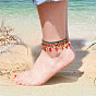 SHEGRACE Waxed Cord Anklets, with Synthetic Turquoise, Gemstone Chips, Brass Beads and Charms, Ocean Theme