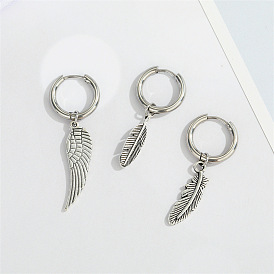 Vintage Punk Stainless Steel Wing Leaf Earrings with Feather Pendant - European Style Jewelry