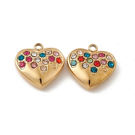 Vacuum Plating 201 Stainless Steel Charms, Colorful Rhinestone Heart