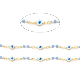 Brass Enamel Flower with Evil Eye Link Chains, with Light Sky Blue Glass Beaded, Soldered, with Spool