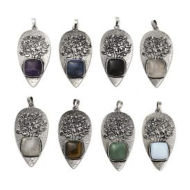 Gemstone Square Big Pendants, Rack Plating Antique Silver Plated Alloy Leaf Charms, Cadmium Free & Lead Free