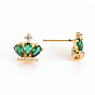 Brass Micro Pave Cubic Zirconia Stud Earrings, Nickel Free, Crown, Green