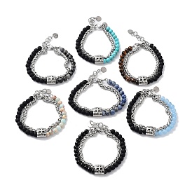 201 Stainless Steel Cross Chain Bracelets, Mixed Gemstone Round Beaded Bracelets