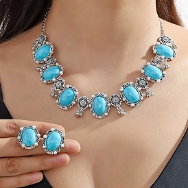 Bohemia Style Alloy Oval Jewelry Set, Acrylic Imitation Turquoise Beaded Stud Earrings & Pendant Necklace