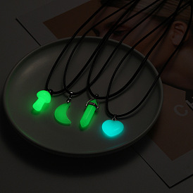 Night Glow Mushroom Pendant Necklace with Moon and Hexagonal Prism Design