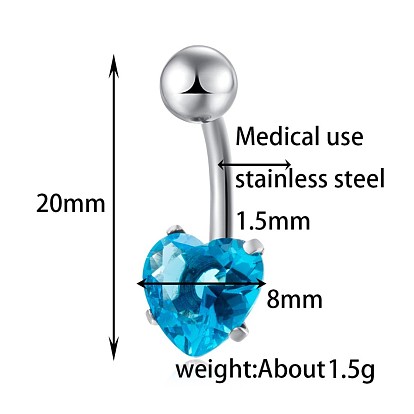 Piercing Jewelry, Brass Cubic Zirconia Navel Ring, Belly Rings, with 304 Stainless Steel Bar, Lead Free & Cadmium Free, Heart