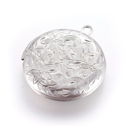 304 inoxydable pendentifs médaillon en acier, plat et circulaire avec fleur
