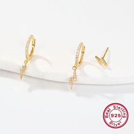 3 Pair 3 Style Cubic Zirconia Lighting Dangle Hoop Earrings & Stud Earrings, 925 Sterling Silver Jewelry
