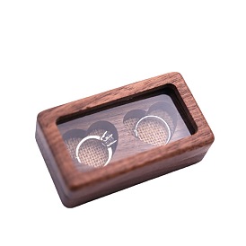 2 Heart Slots Rectangle Wood Couple Rings Gift Storage Case, Clear Window Jewelry Ring Box with Magnetic Lid