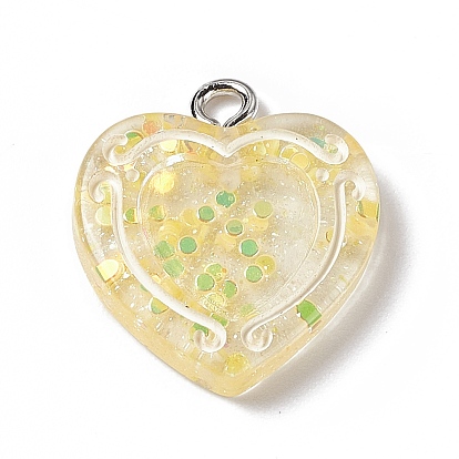 Pendentifs en résine transparente, avec boucles en fer couleur platine, breloque cœur avec poudre scintillante et paillette