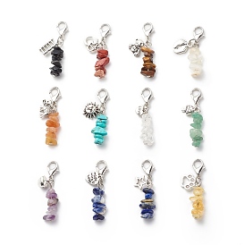 Gemstone Chips Beaded Pendant Decorations, Lobster Clasp Charms, with Tibetan Style Alloy Charms and Iron Findings, Star & Bear & Heart, Elephant, Footprint