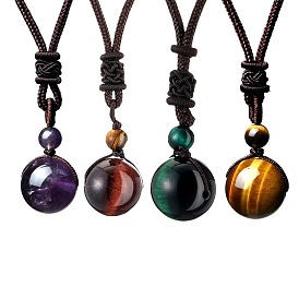 Tiger Eye and Obsidian Pendant Necklace with Amethyst Crystal for Men