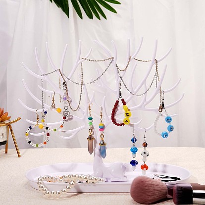 Support organisateur de bijoux, porte-arbre en bois de renne, avec plateau présentoir à bijoux, pour le stockage de bijoux de décoration à la maison (blanc)
