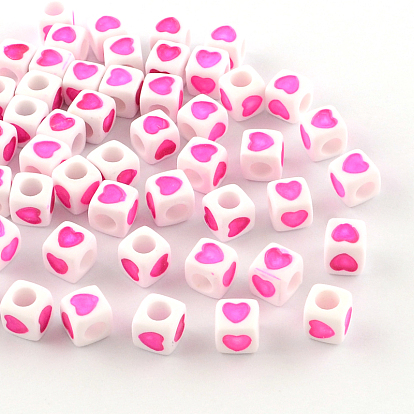 Opaque Acrylic European Beads, Large Hole Cube Beads, with Heart Pattern