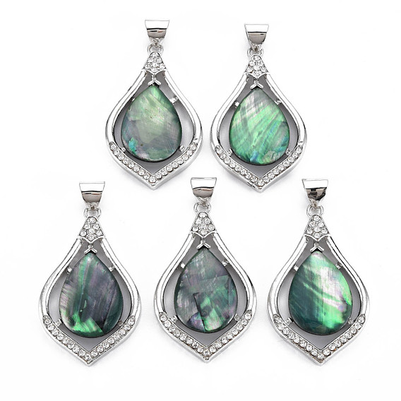 Natural Abalone Shell/Paua Shell Pendants, with Alloy Findings, Brass Snap on Bails and Crystal Rhinestone, Platinum, Dyed, Teardrop