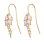 Brass Micro Pave Cubic Zirconia Earring Hooks, for Half Drilled Beads, Long-Lasting Plated, Leaf, Clear