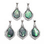 Natural Abalone Shell/Paua Shell Pendants, with Alloy Findings, Brass Snap on Bails and Crystal Rhinestone, Platinum, Dyed, Teardrop