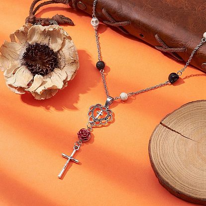 Collier de perles chapelet tête de mort et rondes en turquoise synthétique et pierre de lave naturelle, collier pendentif coeur & ross & croix en acier inoxydable