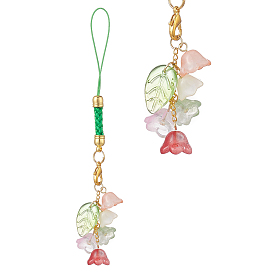 Sangles mobiles en perles de verre fleur/feuille, avec apprêts en fer doré et cordon en polyester décoration d'accessoires mobiles