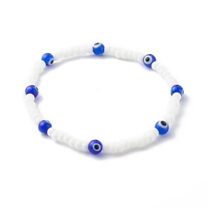 Glass Beads & Handmade Lampwork Beads Stretch Bracelets Set for Parents & Kid, Evil Eye