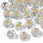 Transparent Acrylic Beads, Horizontal Hole, with Glitter Powder, Metal Enlaced, Flat Round with Letters