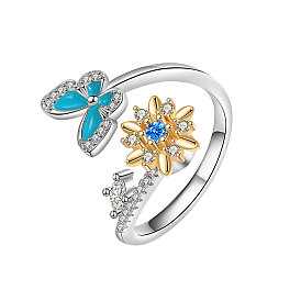 Adjustable Opening Brass with Enamel Ring, Cubic Zirconia Rotating Ring, Flower with Butterfly