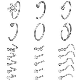 21Pcs 21 Style Clear Cubic Zirconia Flower & Flat Round & Heart Nose Studs & Rings Set, 304 Stainless Steel Nose Hoop & Fishtail & L-shape Nose Rings, Piercing Jewelry for Women