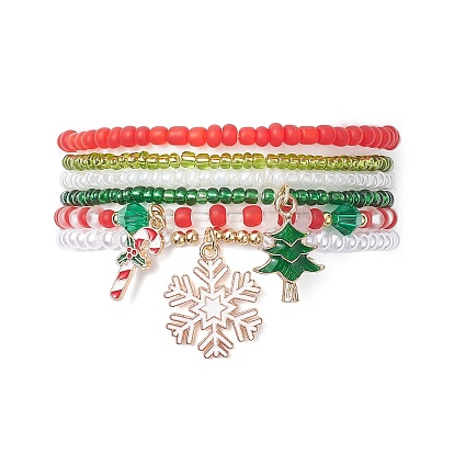 6Pcs 6 Style Glass Beaded Stretch Bracelets Set, Christmas Tree & Snowflake & Candy Cane Alloy Enamel Charms Stackable Bracelets for Women