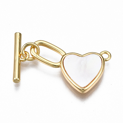 Brass Toggle Clasps, with Freshwater Shell, Nickel Free, Heart