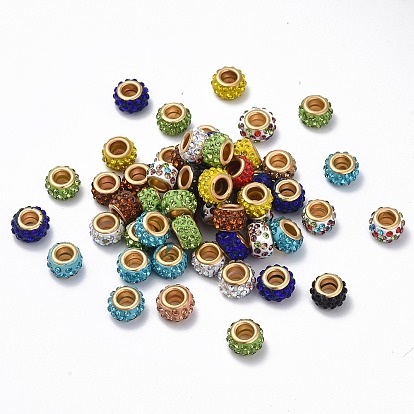 Polymer Clay Rhinestone European Beads, with Golden Tone Brass Double Cores, Large Hole Beads, Rondelle