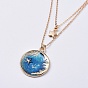 Pendant Double Layered Necklaces, with Alloy Enamel Pendants, Brass Findings and Cardboard Jewelry Set Boxes, Flat Round with Moon and Star