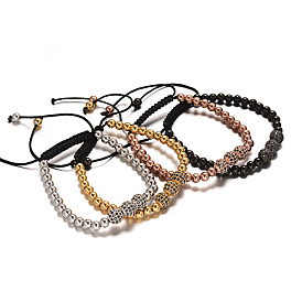 Rondes bracelets tressés de perles 304 en acier inoxydable, avec micro en laiton paver perles cubes de zircone, 50~90mm