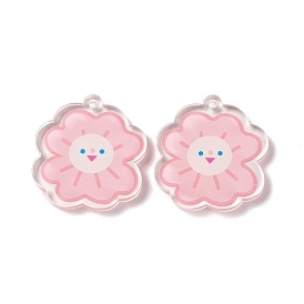 Transparent Acrylic Pendants, Flower with Smiling Face Pattern