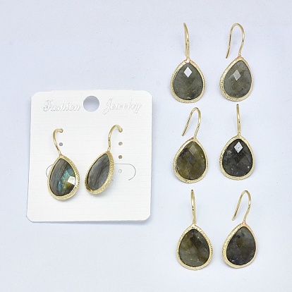 Natural Gemstone Dangle Earrings, with Golden Tone Brass Findings, Drop